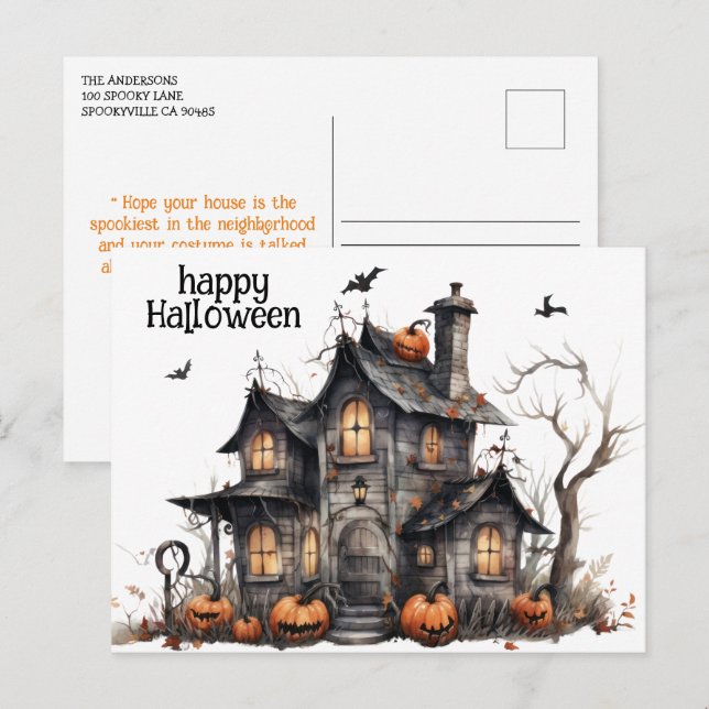 Postal Cuta acuarela Haunted House Halloween (Anverso / Reverso)