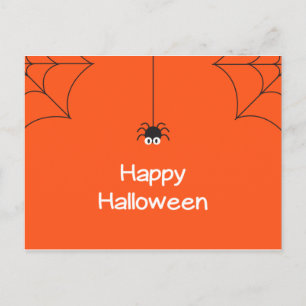 Postal Cuta Feliz Halloween colgando araña con web