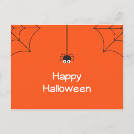 Postal Cuta Feliz Halloween colgando araña con web
