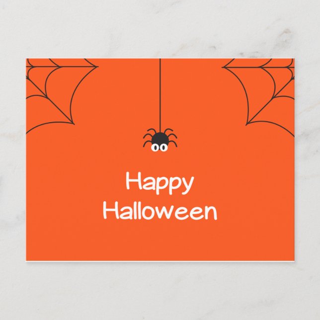 Postal Cuta Feliz Halloween colgando araña con web (Anverso)
