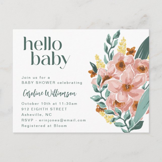 Postal Cuta Mint Sage Pink Floral Hola Baby Shower (Anverso)