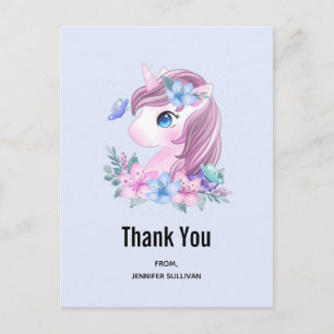 Postal Cuta y mágica bebé unicornio acuarela Gracias