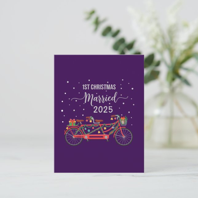Postal Cute 1.ª Navidad Casada Bicicleta Tandem 2025 (Anverso de pie)