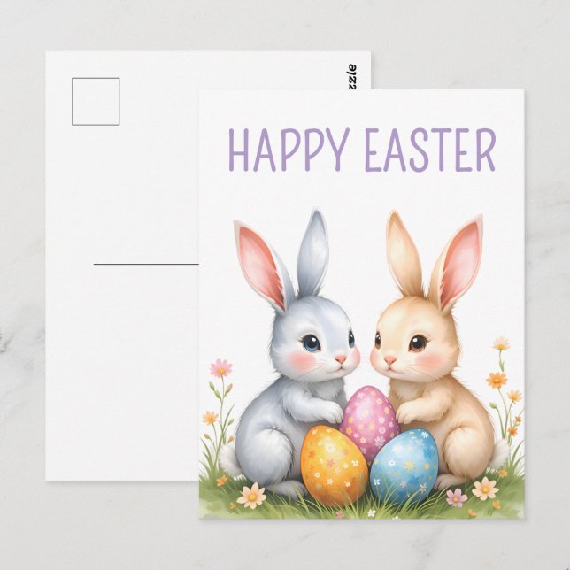 Postal Cute acuarela Abundantes de Pascua Felices Pascuas (Anverso / Reverso)