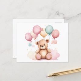 Postal Cute acuarela Baby Shower Balloons Teddy Bear