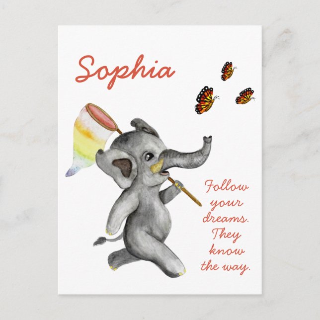 Postal Cute acuarela Elefante Inspirador Cita de Sueño (Anverso)