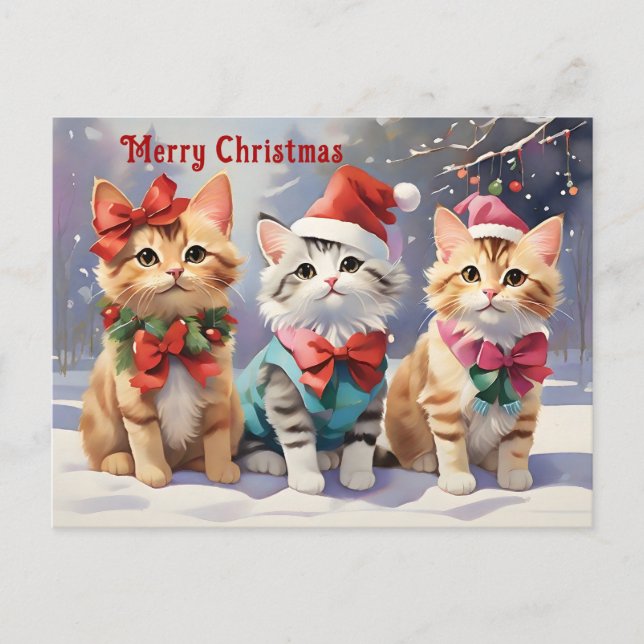 Postal Cute acuarela gatos celebrando Navidades (Anverso)