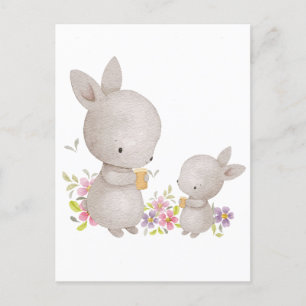 Postal Cute acuarela mamá y conejitos bebés
