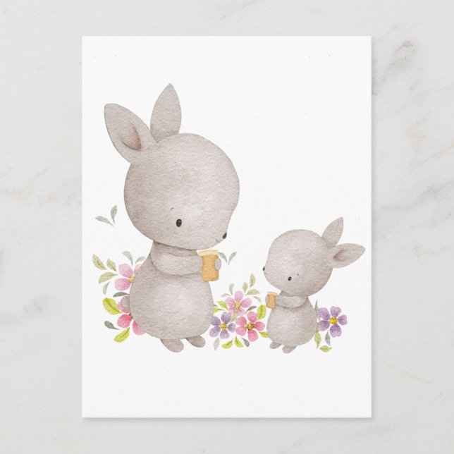 Postal Cute acuarela mamá y conejitos bebés (Anverso)