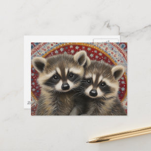 Postal Cute Adorables Mapaches Bebés Boho
