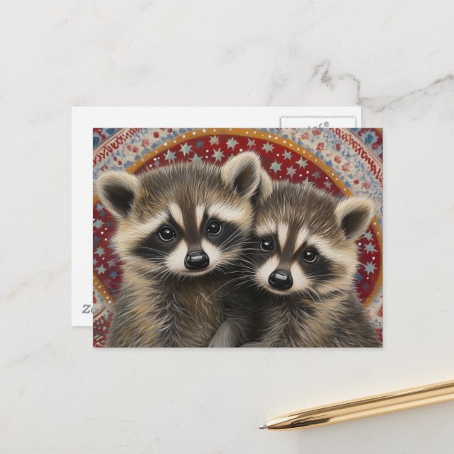 Postal Cute Adorables Mapaches Bebés Boho (Anverso/Reverso In Situ)