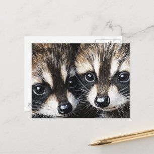 Postal Cute Adorables Mapaches Bebés Pintura