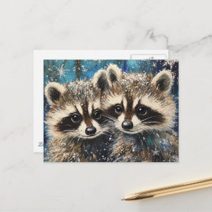 Postal Cute Adorables Mapaches Bebés Pintura Invierno AI