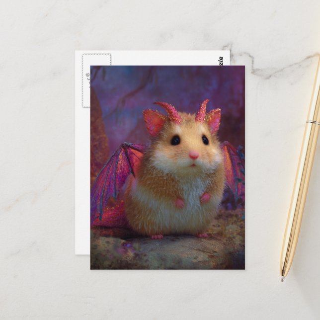 Postal Cute and Adorable Sweet Hamster Dragon with Horns (Anverso/Reverso In Situ)