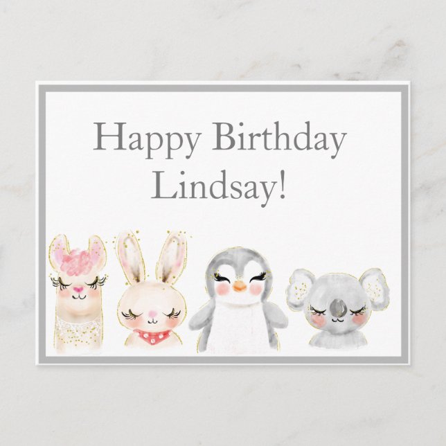 Postal Cute Animales acuarela Tipografía Cumpleaños (Anverso)