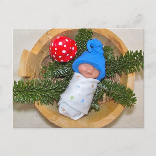 Postal Cute Baby Elf en Pine con Toadstool: Arcilla de po (Anverso)