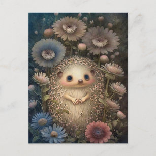 Postal Cute Baby Hedgehog Y Flores