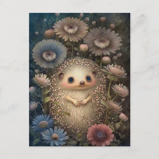 Postal Cute Baby Hedgehog Y Flores (Anverso)