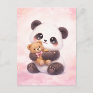 Postal Cute Baby Panda Hugging Teddy Bear Postcard