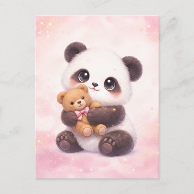 Postal Cute Baby Panda Hugging Teddy Bear Postcard (Anverso)