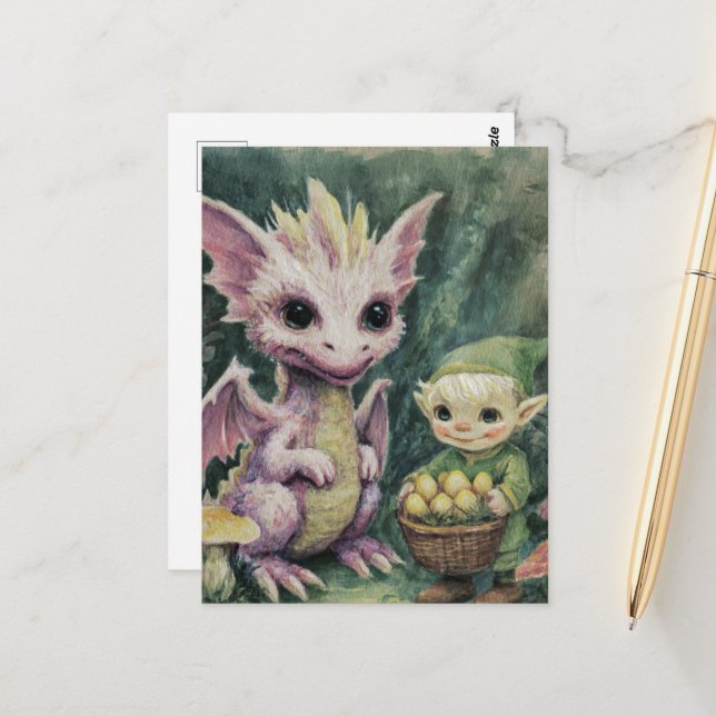 Postal Cute Baby Purple Dragon and Elf With Eggs (Anverso/Reverso In Situ)