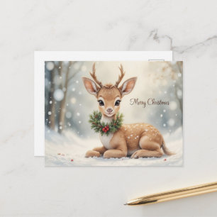 Postal Cute Baby Reno Ciervo Navidad Invierno Bosque