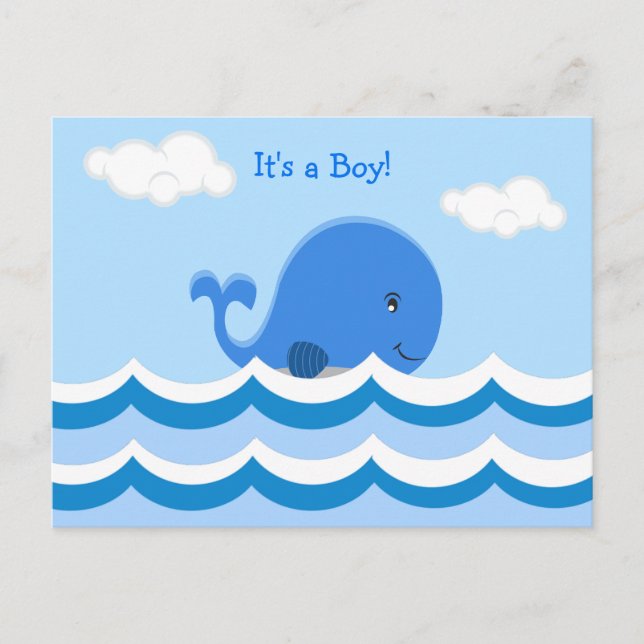 Postal Cute ballena azul es anuncio de nacimiento de niño (Anverso)