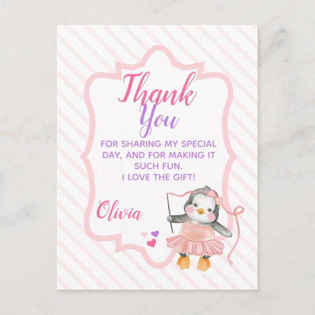 Postal Cute Ballerina Penguin Cumpleaños Gracias (Anverso)