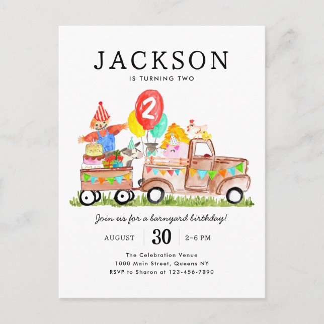 Postal Cute Barnyard Animals Camión Niños Granja Cumpleañ (Anverso)