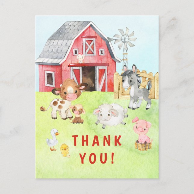 Postal Cute Barnyard Friends Baby Shower Gracias (Anverso)