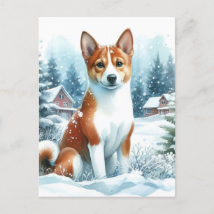 Postal Cute Basenji Winter Watercolor Art