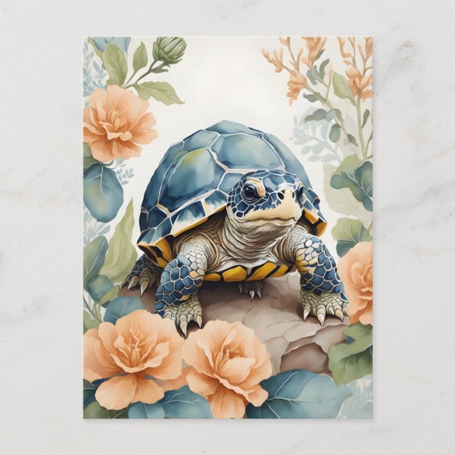 Postal Cute bebé Tortoise Pastel Floral acuarela (Anverso)