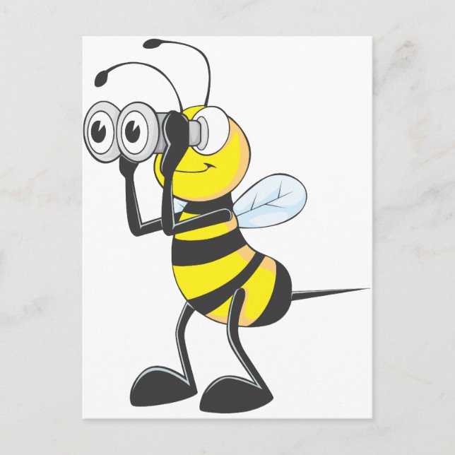 Postal Cute Bee Holding Binoculars mirando algo (Anverso)
