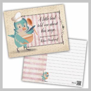 Postal Cute bird chef cocinando la receta del libro de co