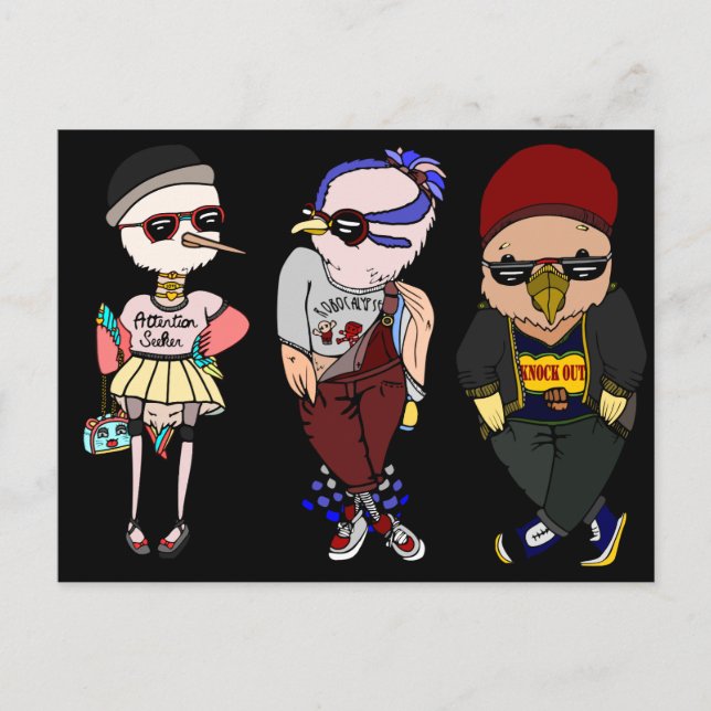 Postal Cute Birds Wearing Clothes Fashion Illustration (Anverso)
