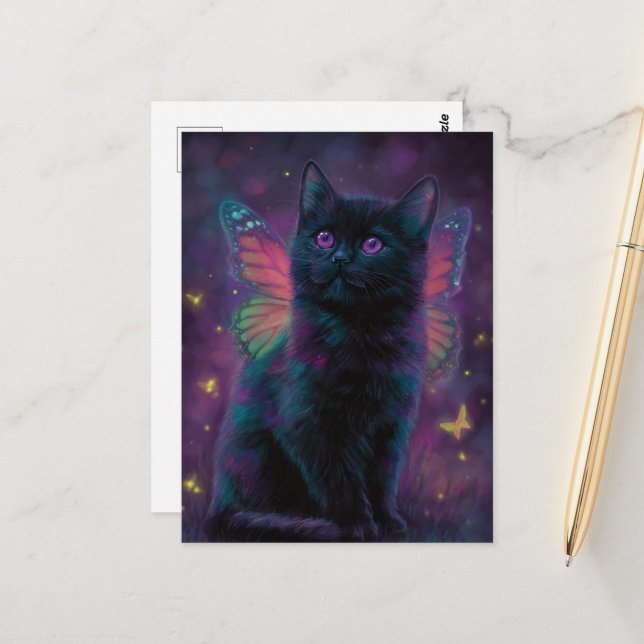 Postal Cute Black and Purple Cat Fairy (Anverso/Reverso In Situ)