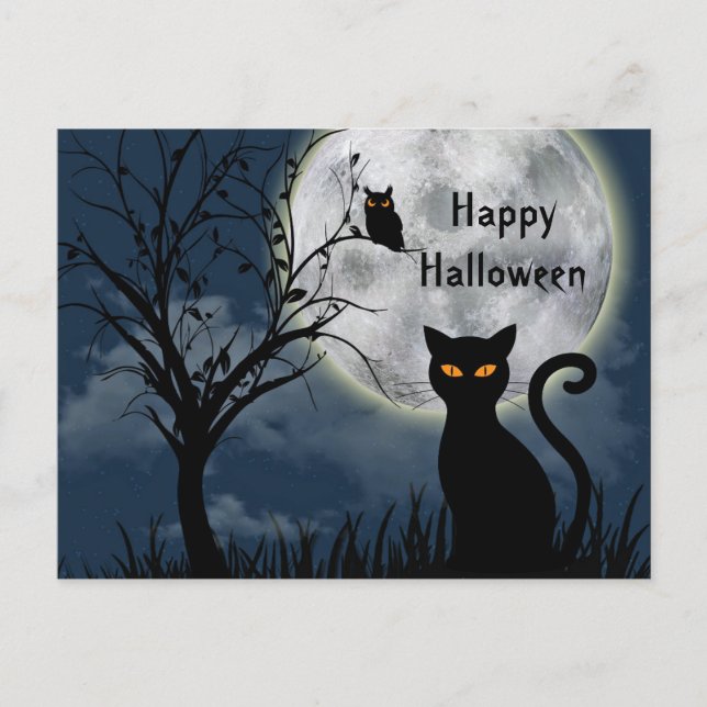 Postal Cute Black Cat Owl Moon Grapheen (Anverso)