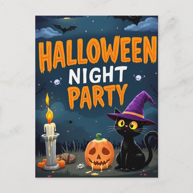 Postal Cute Black Cat Witch Halloween Night Party (Anverso)
