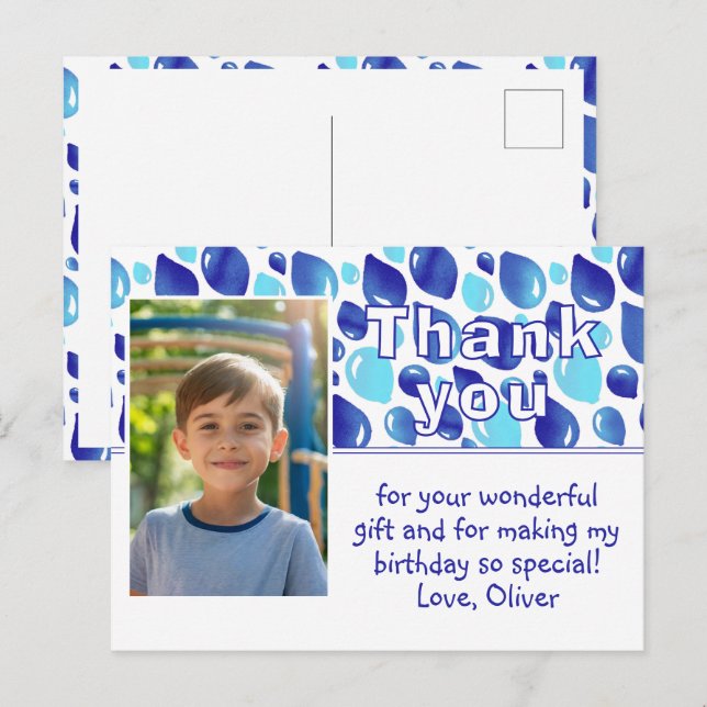 Postal Cute Blue Balloons Boy Foto Cumpleaños Gracias (Anverso / Reverso)