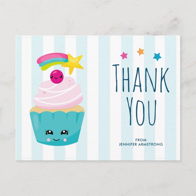 Postal Cute Blue Cupcake con Cara Kawaii Cumpleaños Graci (Anverso)