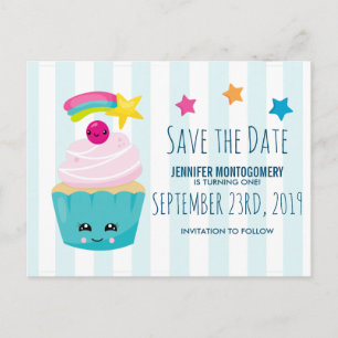 Postal Cute Blue Cupcake Cumpleaños Guardar fecha