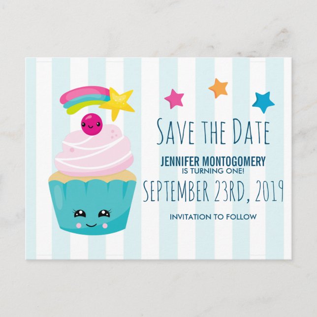 Postal Cute Blue Cupcake Cumpleaños Guardar fecha (Anverso)