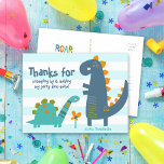 Postal Cute Blue Dinosaurs Kawaii Boy Birthday Gracias<br><div class="desc">"Gracias por pisotear". Una divertida, caprichosa, juguetona visual de un lindo, audaz, kawaii, brontosauro azul turquesa, t-rex azul marino y una divertida tipografía escrita a mano sobre un fondo rayado azul turquesa y blanco, ayuda a expresar tu aprecio. Un tratamiento tipo cool del trabajo "rugir" y su nota personalizado están...</div>