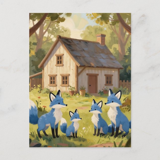 Postal Cute Blue Fox Family Cottage (Anverso)
