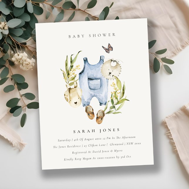 Postal Cute Blue Leafy Foliage Baby Clothes Baby Shower (Subido por el creador)