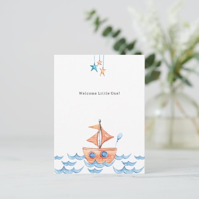 Postal Cute Boat And Ocean Welcome New Baby Card (Anverso de pie)