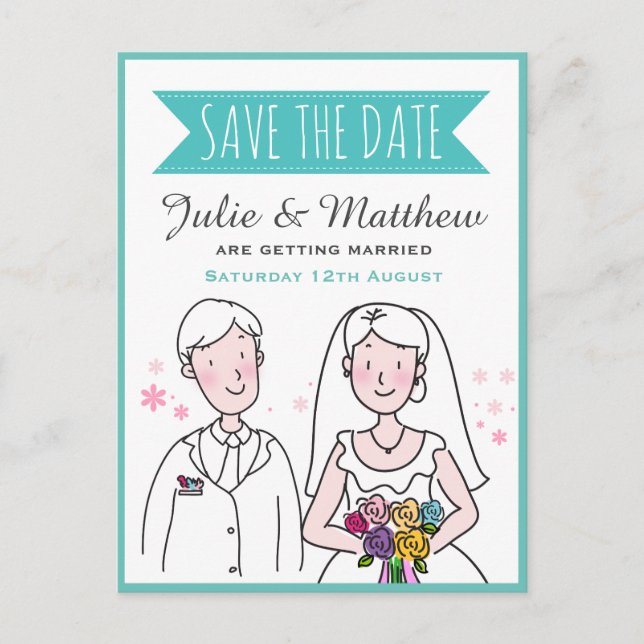 Postal Cute Boda Couple Doodle Save the Date Personalizad (Anverso)
