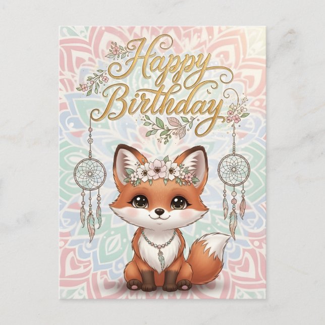 Postal Cute Boho Fox Happy Birthday Card with Dreamcatche (Anverso)