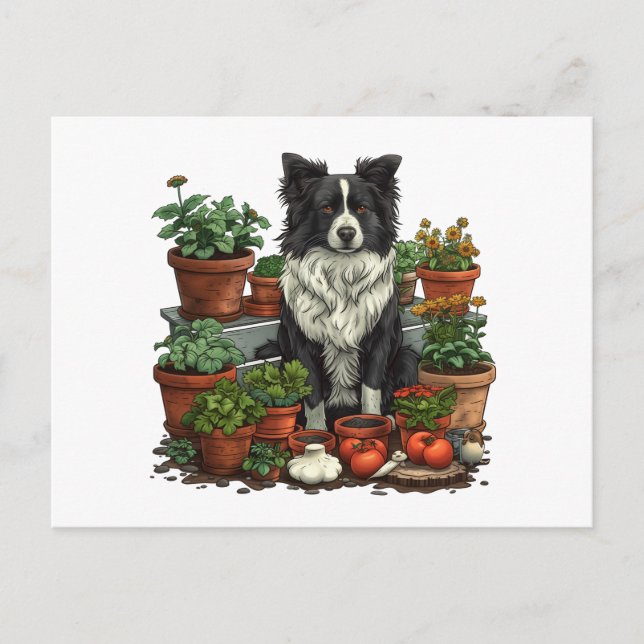 Postal Cute Border Collie Gardening (Anverso)