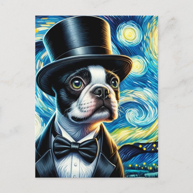 Postal Cute Boston Terrier con un sombrero de copa Van Go (Anverso)